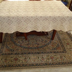 Handmade Crochet Tablecloth: Cream Beige Lace Runner, Bedroom Curtain (60X43.5 inches)