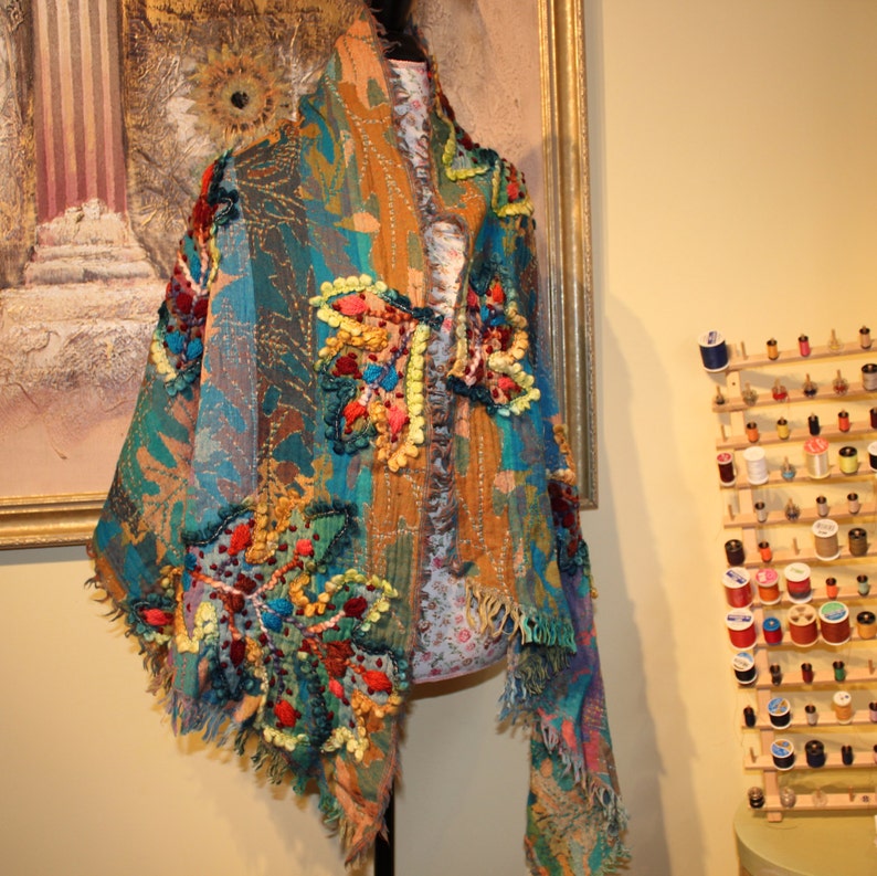 Brand new handmade embroidery flower leave shawl teal  etsy