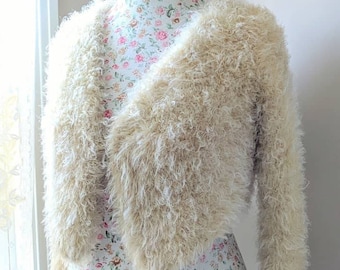 Ready to ship Today! Ivory SUPER FLUFFY Kate Middleton Handmade Knit Sweater Medium Size Shrug/Bolero V-neck No Buttons Long Sleeves Bolero