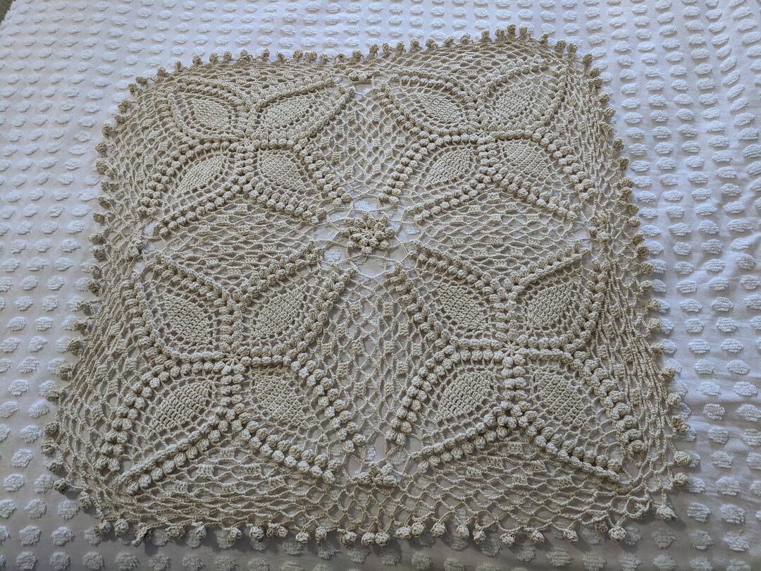 39x 39 Handmade Ivory Crochet Cotton Baby Blanket, Photography Props