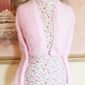 Ready to ship Today - Faux Angora LOOK Sweater/ PINK knit V-neck No button LONG sleeves crop bridal bolero, XSmall to Small Size