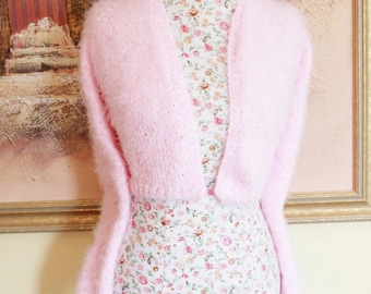 Ready to ship Today - Faux Angora LOOK Sweater/ PINK knit V-neck No button LONG sleeves crop bridal bolero, XSmall to Small Size