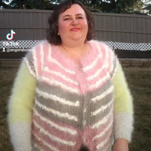 Ready to ship One of a kind stripes of Pinks Greys & Green cardigan 100% Angora rabbit Handmade SUPER FLUFFY Cardigan Will fit from M to 2XL