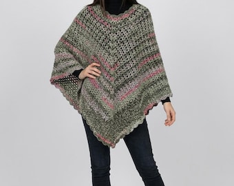 Poncho bohème au crochet fait main : point dentelle en V multicolore, taille adulte