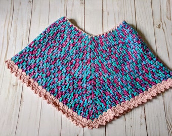 Hand Crochet Children's Multi Colored Poncho Shawl Wrap, Boho Elegant Shawls and Wraps, Warm Open V-Neck, Dazzling Boho Crochet Poncho