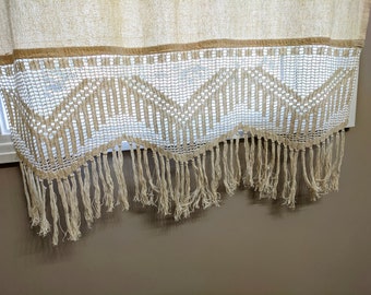 55"X35" Handmade Crochet Cotton Linen Filet Lace Curtain, Custom Cottage Curtains Rustic Fringe Curtains, French Country Home shabby chic