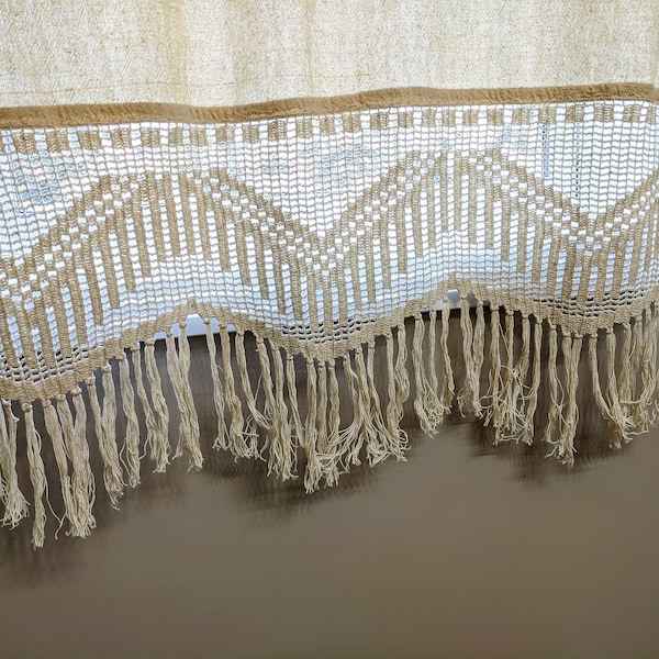 55"X35" Handmade Crochet Cotton Linen Filet Lace Curtain, Custom Cottage Curtains Rustic Fringe Curtains, French Country Home shabby chic
