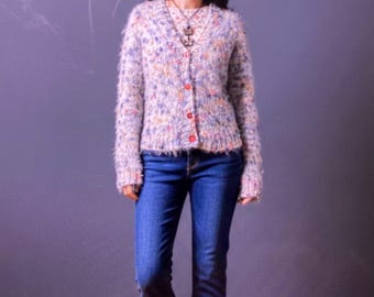 Cardigan licorne en mohair tricoté main : boléro coloré, manches longues (P-M)