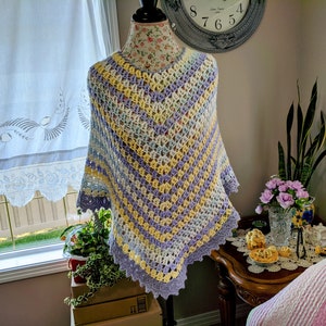 Crochet Multi Colored Poncho Shawl Wrap, Hand Crochet Boho Elegant Shawls and Wraps, Warm Open V-Neck, Dazzling Boho Crochet Poncho