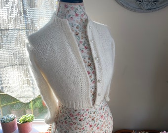 Wedding Bolero 100% angora rabbit Kate Middleton Sweater hand knit Crew Neck 5 buttons 3/4 sleeve CROPPED/bridal bolero in Off White