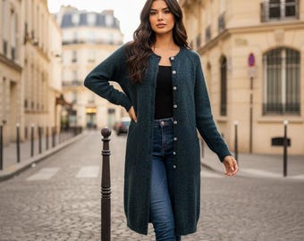 Cárdigan de mezcla de angora tejido a mano: suéter de manga larga con botones de diamantes de imitación