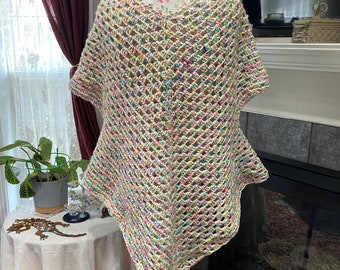 Hand Crochet Adult Multi Colored  Granny Square Poncho Dress Shawl | Boho Elegant Crochet Dress | Open V-Neck Dazzling Boho Crochet Poncho