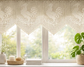 Panneau de fenêtre de cuisine en coton fait main, filet de coq au crochet, 45 x 22 po., shabby chic