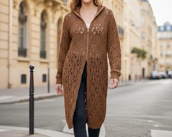 Manteau cardigan grande taille en dentelle de coton et bambou tricoté à la main