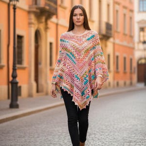 Hand Crochet Granny Square Poncho: Multicolor Boho Shawl