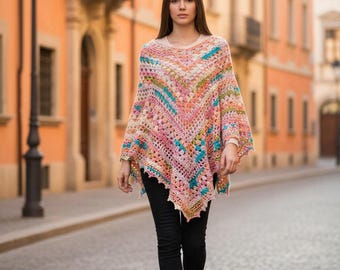 Poncho carré grand-mère au crochet fait main : châle bohème multicolore