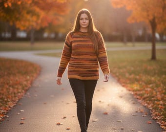 Hand Knitted Unisex Sweater: Fall Colors Wool Blend, M-3X Large
