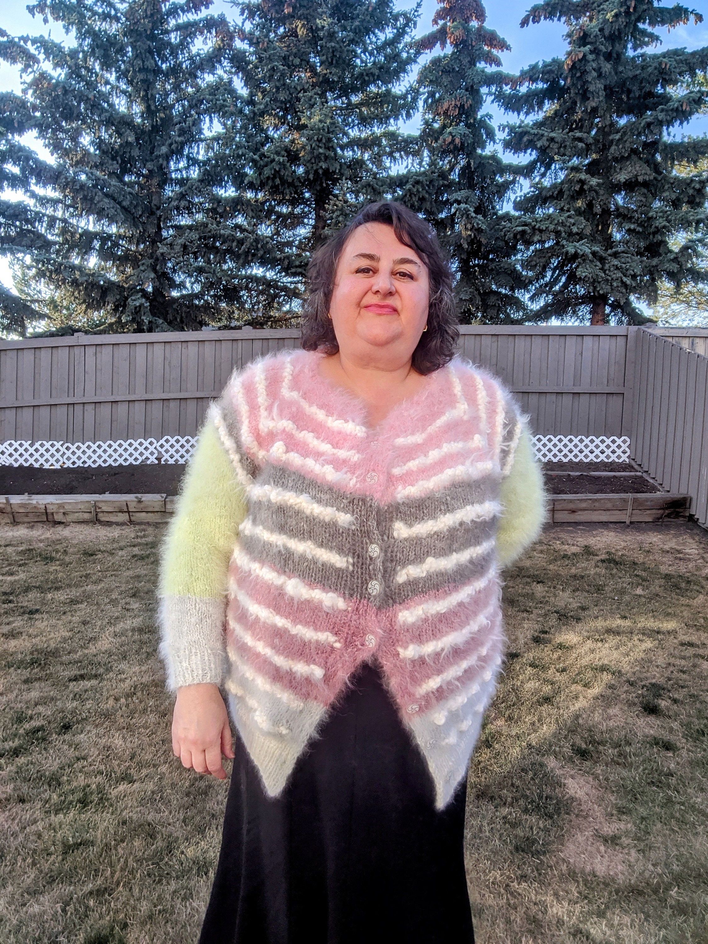 Handmade Angora Cardigan: Pink, Grey & Green Stripes, Super Fluffy (M ...