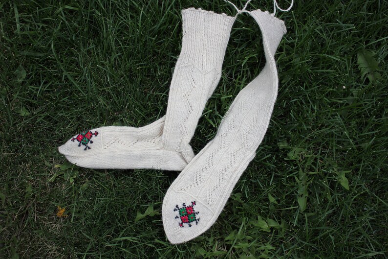 Handknit Antique Look Organic Wool Socks, Natural Wool Handknitted