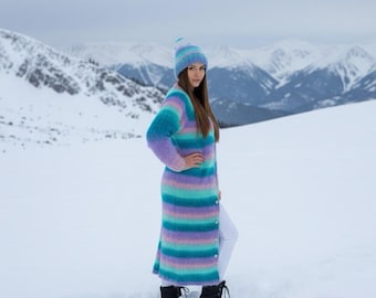 Cardigan en mélange de mohair en tricot fait main : taille unique épaisse et moelleuse