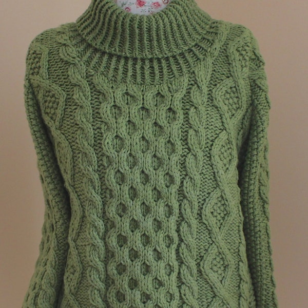 Reserved Listing for Tina/ Green Handmade Chunky Cable Knit Merino Cashmere Aran Irish Fisherman turtleneck PULLOVER SWEATER - Size XL