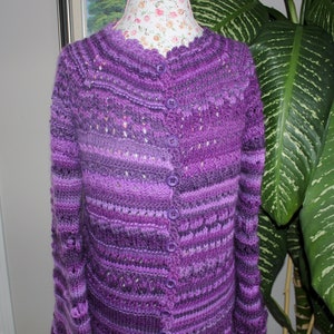 100% natural wool Handmade women Hand Spun Knit The Perfect Fit Purple Crazy Lace Cardigan purple wool cardigan, Ready to ship TODAY image 4