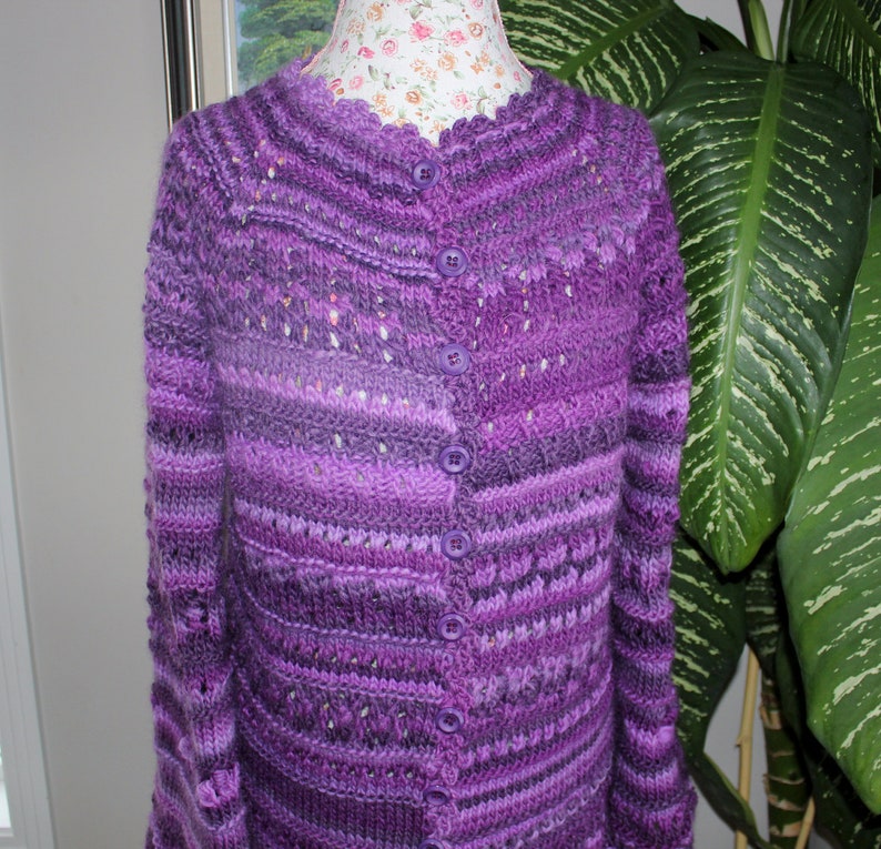 100% natural wool Handmade women Hand Spun Knit The Perfect Fit Purple Crazy Lace Cardigan purple wool cardigan, Ready to ship TODAY image 4