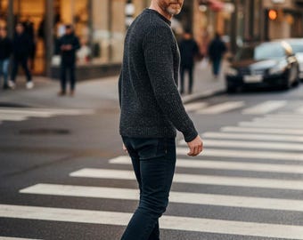 Pull en tweed tricoté à la main : laine mérinos noire surdimensionnée, unisexe M-3XL