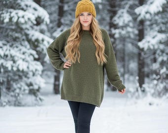 Pull en tweed tricoté à la main : mélange de laine mérinos vert, unisexe M-3XL