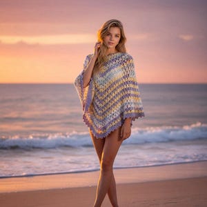 Hand Crochet Boho Poncho Shawl: Lilac Tones Acrylic Wrap