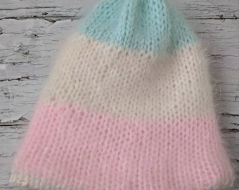 Super Soft And Warm 100% Angora Rabbit Wool Hand Knitted Reversible Beanie Hat - Double layered beanie hat -  Will fit 0-6 month old and up