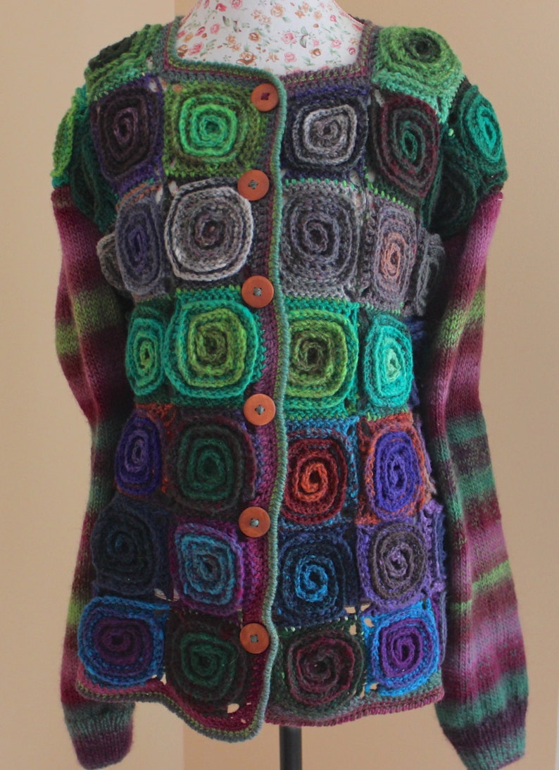 Handmade Hand knit From Japanese Noro yarn Cardigan Colourful Volumetric Spiral Motif/ Oversized Plus size/ Knit Natural Wool coat/cardigan