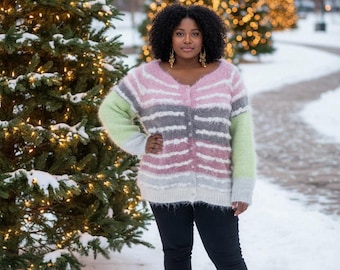 Handmade Angora Cardigan: Pink, Grey & Green Stripes, Super Fluffy (M-2XL)