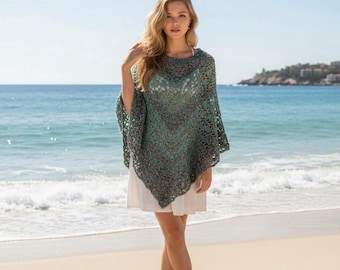 Poncho bohème au crochet fait main : point de dentelle en V vert turquoise, châle adulte