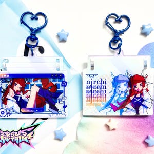 May include: Two rectangular acrylic keychains with dark blue heart-shaped clasps. The left keychain features a digital interface graphic with a character and the text I U. The right keychain displays two characters and the repeated text njrchi.