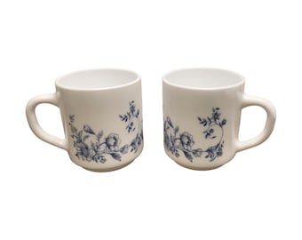 Set of 2 Vintage Arcopal France White Milk Glass Cups Mugs Blue Floral