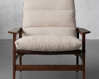 Roma Solid Walnut Lounge Chair | Leather Strap Boucle Accent Chair