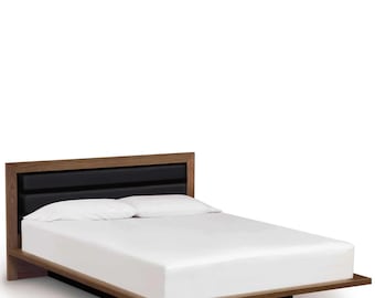 Desio Solid Walnut Platform Bed | Leather Upholstered Headboard