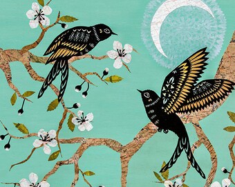 May include: A whimsical illustration of a tree branch with white blossoms and two black birds with gold accents. A crescent moon hangs in the sky above the branch. A key hangs from the branch.