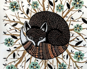 May include: Black and white illustration of a fox curled up in a tree with a patterned tail. The tree has brown branches and green leaves with blue flowers.