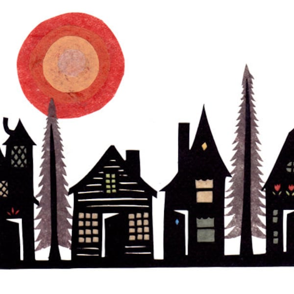 Wooded Village - 5 x 7 inch Cut Paper Art Print