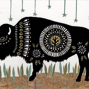 May include: A black bison illustration with gold and white patterns. The bison stands on a textured ground with green and brown grass. Green star shapes hang above against a white background. The artwork has a folk art style.