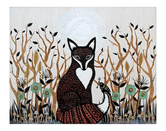 May include: A black and white illustration of a fox sitting in a forest with a small bird holding a key. The fox has a white chest and a red and black patterned skirt. The background is a light beige with brown branches and green leaves.