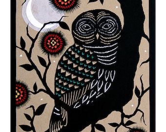 May include: Black and white illustration of an owl perched on a branch with a crescent moon and stylised flowers in the background.