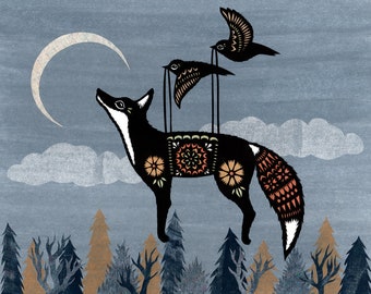 May include: A black fox with a patterned body and a white tail is flying in the air with two birds perched on its back. The fox is looking up at a crescent moon in a blue sky with clouds. The fox is flying over a forest of dark green and brown trees.