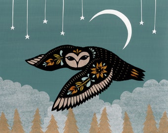May include: A black and white owl with floral details flies through a night sky with a crescent moon and stars. The owl is flying over a forest of pine trees.