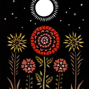 May include: A black background with a white moon and stars.  Five flowers are in the foreground, three are red and two are yellow.  The flowers have a stylized, folk art design.