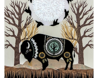 May include: A black silhouette of a bison with intricate patterns on its body stands in a field of grass. The bison is surrounded by trees and a large white circle with a mandala design and black birds flying around it.