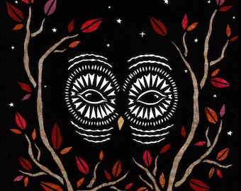Night Faces - Owl - 8 x 8 inch Cut Paper Art Printed Reproduction