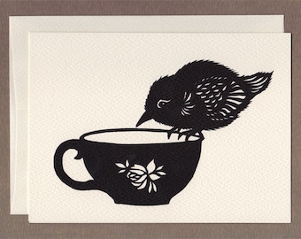 Tea Cup Bird - Greeting Card